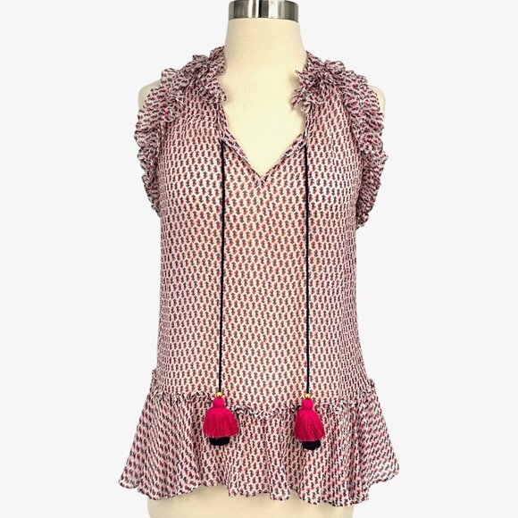 Figue Tops - Figue Vera Tassel Top in Multi Red Ruffled Sheer Size S 100% Silk Sleeveless